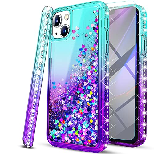 Iphone 13 Mini Case, [With Tempered Glass Screen Protector Included], Starshop Liquid Bling Sparkle Floating Glitter Quicksand Phone Case Girls Women Cute For Iphone 13 Mini - Teal/Purple #TOP7