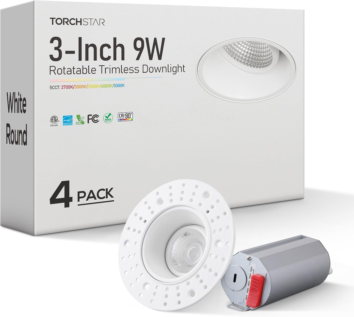 TORCHSTAR 5CCT Trimless 3 Inch Gimbal LED Recessed Light, 9W 120V Ceiling Canless Round Commercial Dimmable LED Downlight with Junction Box, 2700K-5000K 730LM CRI 90+, ETL, White, Pack of 4
