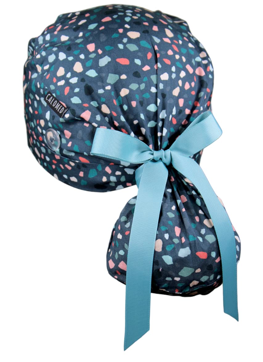 Scrub Cap for Women and Men, Ponytail Scrub Caps, Working Hat, Head Cover with Ribbon Ties and Buttons, Long Hair