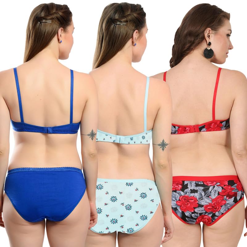 Image of Love Maker Evergreen Women Non-Padded Bra Panty Set Pure Soft Cotton Women Lingerie Sets Combo of 3 Pairs
