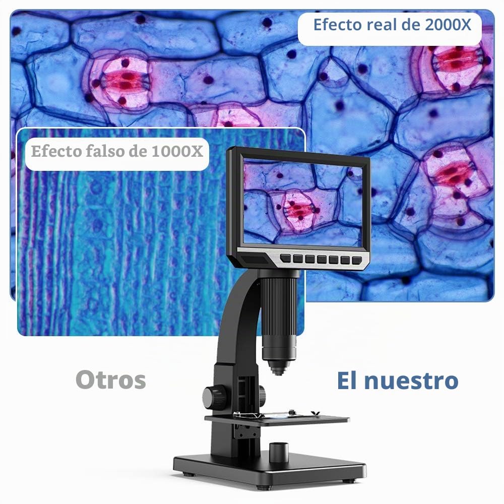 Microscopio digital LCD 7 pulgadas, lente 500-2000X, cámara 12 MP, 32G TF, 11 LED, portátil recargable, ciencia, biología, escuela, investigación