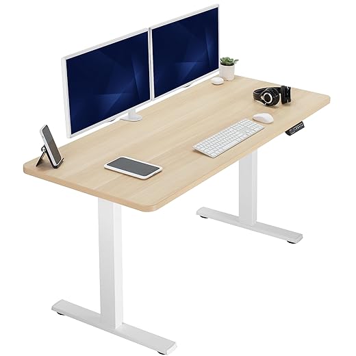 VIVO Electric Height Adjustable 60 x 24 inch Memory Stand Up Desk, Light Wood Solid One-Piece Table Top, White Frame, Standing Workstation with Preset Controller, DESK-KIT-1W6C