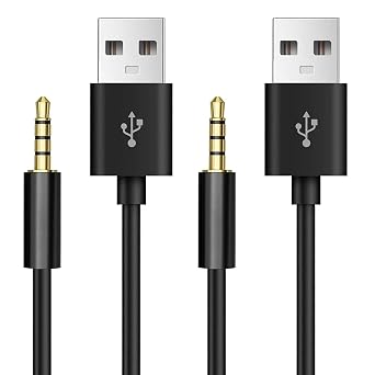 iPod Shuffle Cable, 3.5mm Audio Jack to USB Charging and Data Transfer, USB Data Sync & Charging Cable Lead,Compatible with iPod Shuffle 3 4 5 6 7 MP3 Player Black,2 Pack
