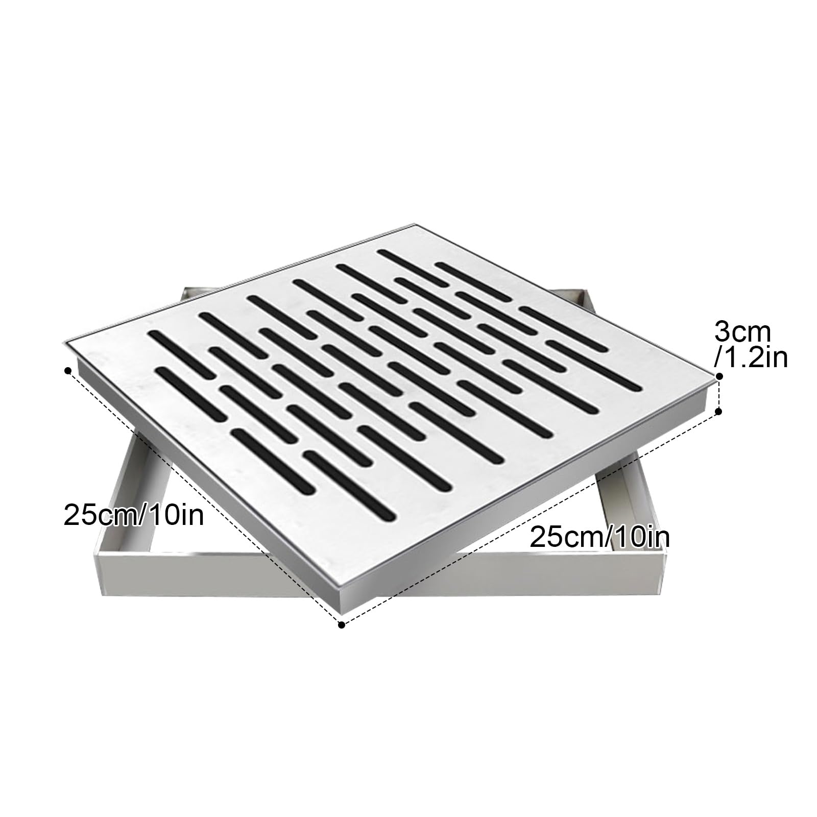 Sumidero Terraza de Acero Inoxidable, Desague Ducha Cuadrada, Antideslizante, Orificios de Doble Fila, para Piscina(25cm/10in)
