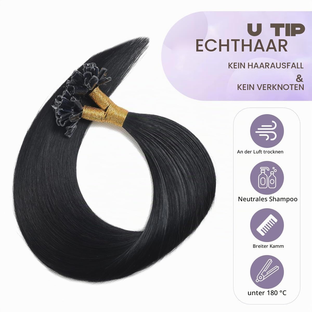 Sindra Echthaar Extensions Bondings 50cm Schwarz | Keratin Echthaar Extensions, 50g 50 Stränge, U Tip Extensions Echthaar, Seidig Gerade, Haarverlängerung, 20 Zoll