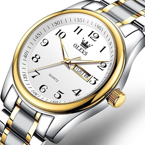 Miniatura 2 de OLEVS - Relojes para hombre, de cuero marrón, caja dorada, analógico, de cuarzo, de moda, para negocios, reloj de vestir, con fecha, luminoso,