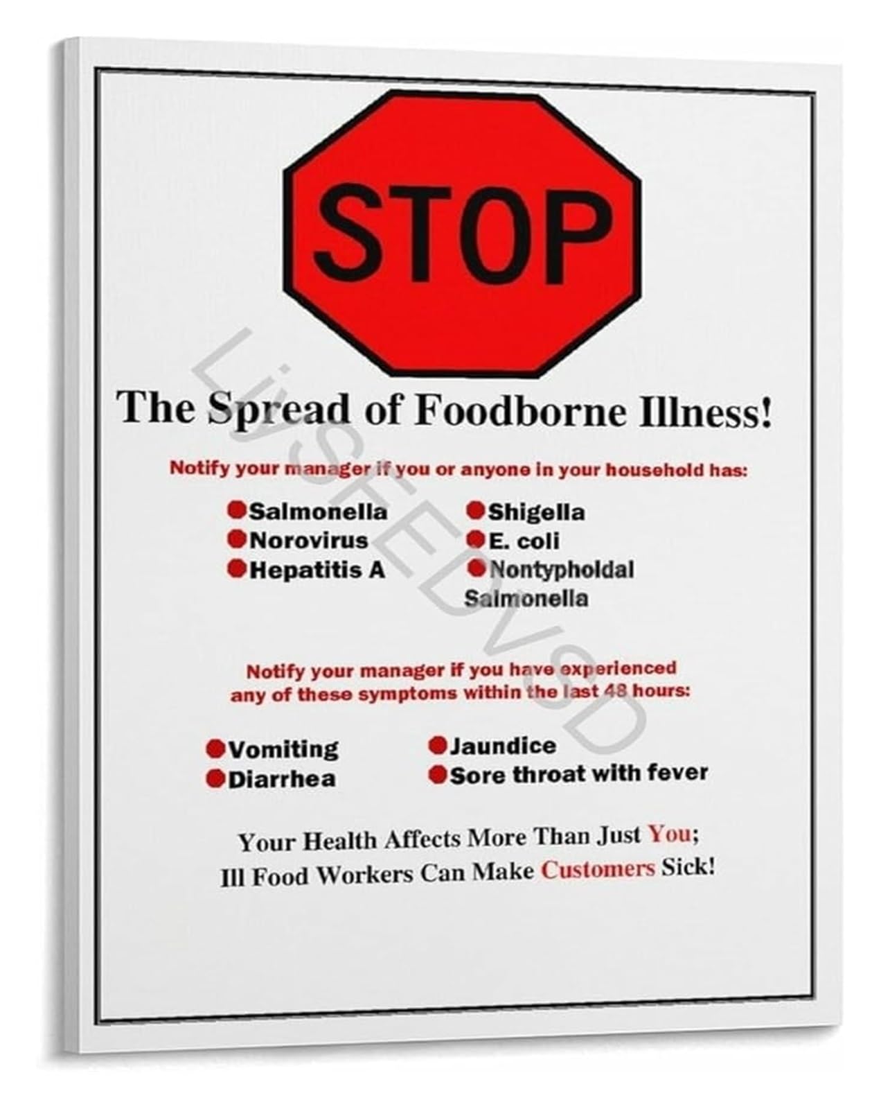 FNYUVNFAF Food In The Kitchen Poster Prevent The Spread Of Foodborne Illness Employee Health Notice Wall Decor Unframed,12x18inch(30x45cm)