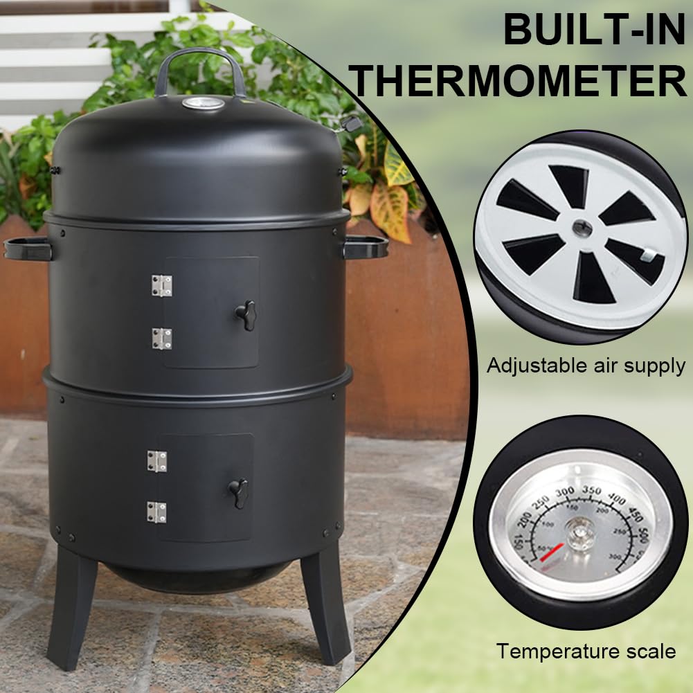 Fumador vertical de carbón vertical con termómetro incorporado BBQ Smoker Grill con Air Vent 2 Puertas de acceso fora el jardín de campamento de cocina al aire libre