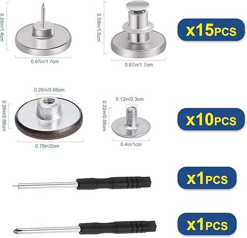 Miniatura 2 de Juego de 25 pines de botón para jeans con 2 destornilladores, 0.78 pulgadas, sin coser, extraíble, de metal, botón, de repuesto, hilo de remache,