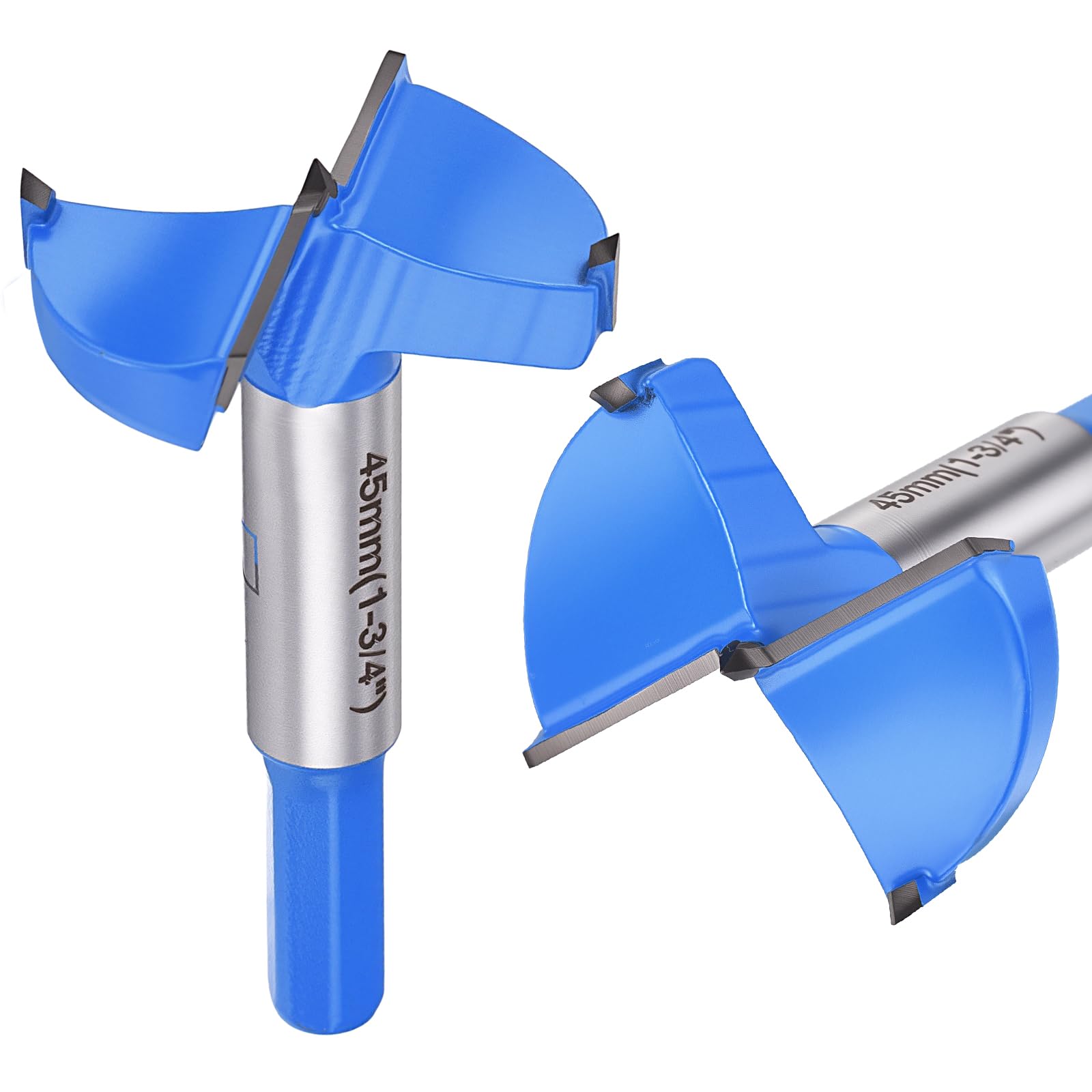 DTGN 45mm Forstner Drill Bits 1-3/4" - 2Pack - Good for Wood Plastic Plywood - 2 Flutes Tungsten Carbide Woodworking Hole Saw Cutter with Hex Shank - Blue