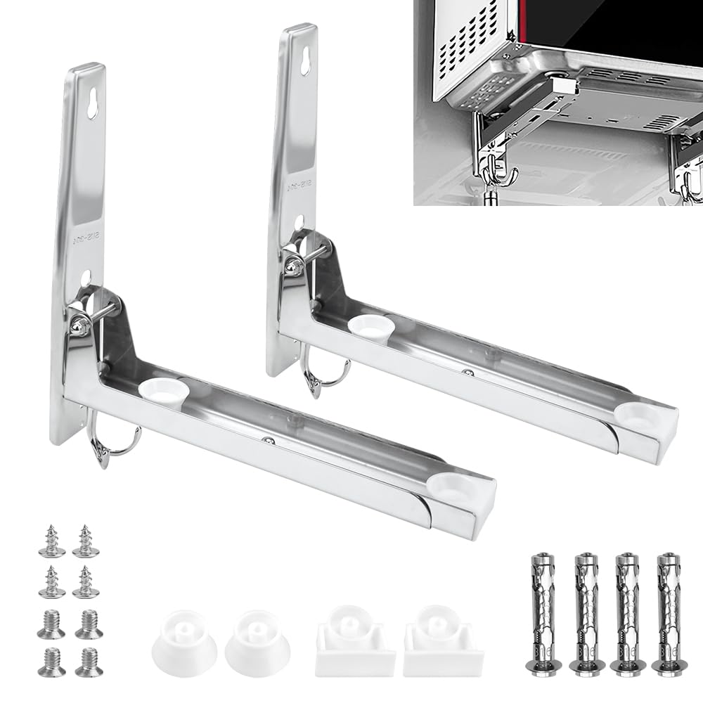 2 Supporti Pieghevoleper Microonde a Parete Staffa di Montaggio a Parete per Forno a Microonde con 2 Ganci Porta Microonde da Parete in Acciaio Inox, Capacità di Carico 30kg, Argento