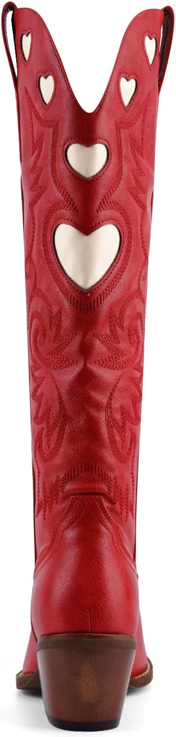 Cowboy Boots for Women Wide Calf Round Toe Chunky Stacked Heel Knee High Cowgirl Boot Heart Pattern Classic Embroidered Tall Western Booties Pull on - Image 9