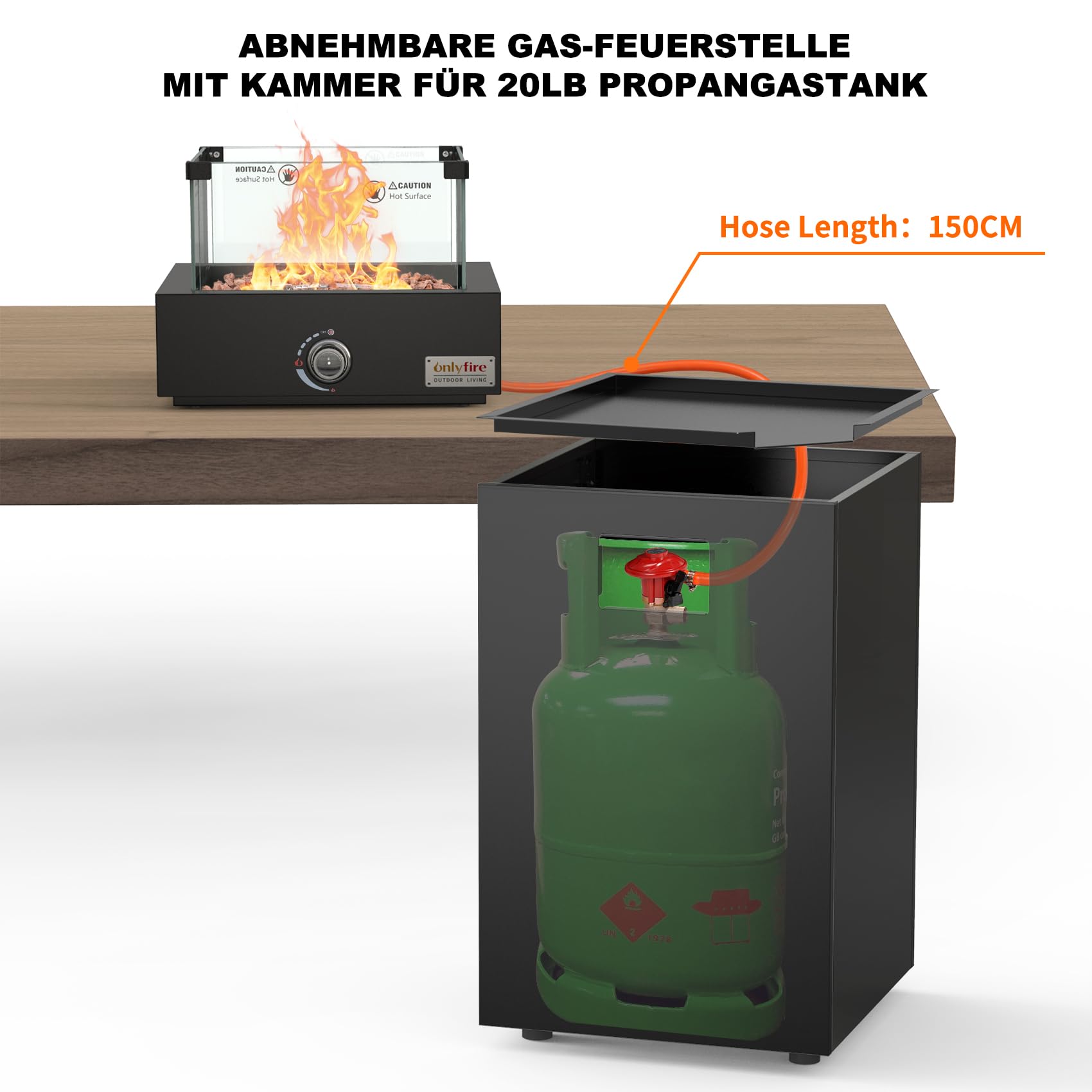 Onlyfire Braciere a gas quadrato, riscaldatore da esterno staccabile con rocce laviche, paravento in vetro e ruote, per patio, cortile, ristorante all'aperto, 6,85 KW