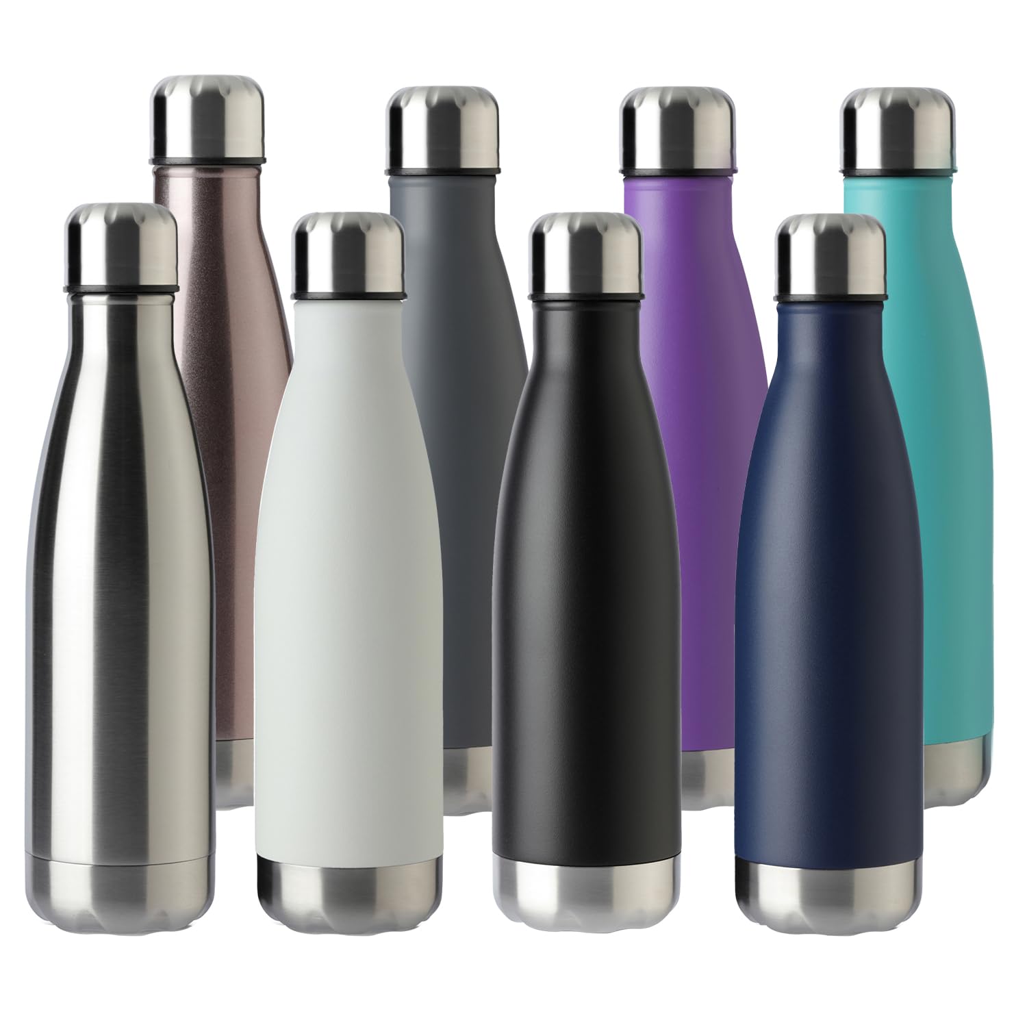 MEWAY Borraccia sportiva da 500 ml, confezione da 8, in acciaio inox, a tenuta stagna, a doppia parete, a forma di cola, mantiene le bevande calde e fredde (colorate, 8 pezzi)