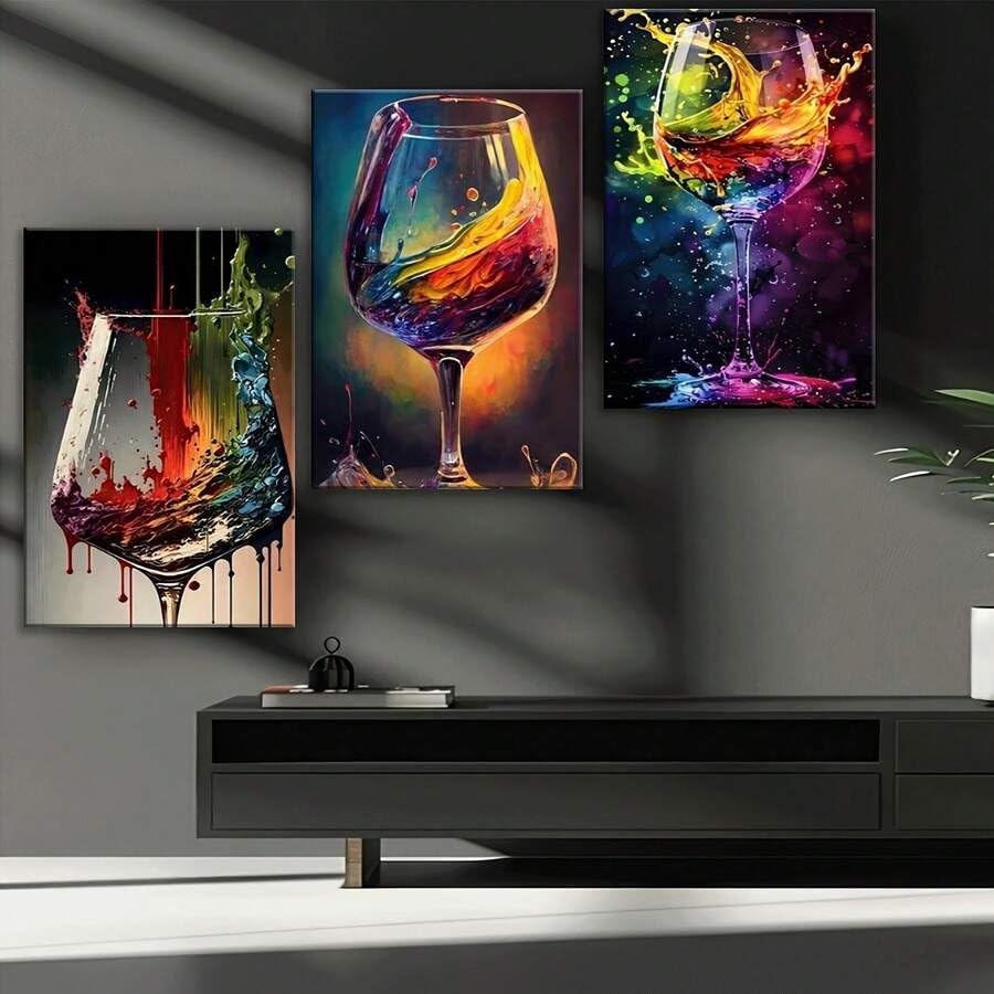 Décoration murale de cuisine : verre à vin coloré sur toile abstraite 50x70 cm