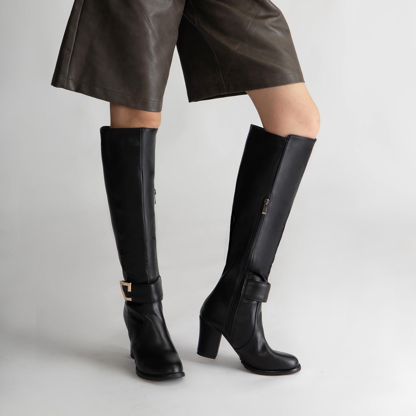 Onewus Bottes pour Femmes avec Talon Carré et Bottes à Tige Longue Zippée