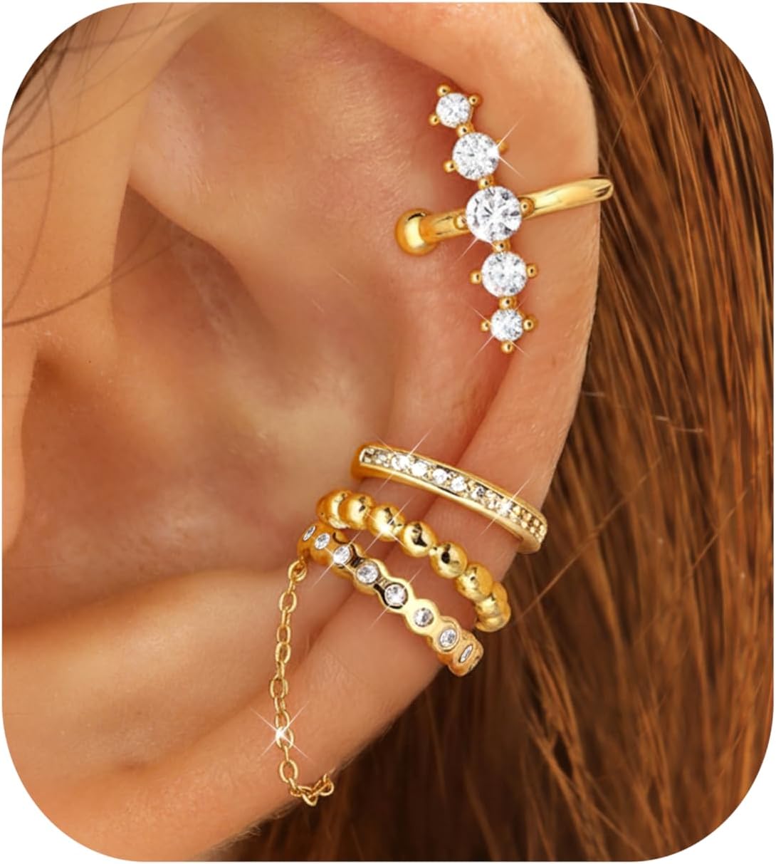 Florideco 4 PCS Ear Cuffs Non Piercing Hypoallergenic 14K Gold Plated Ear Cuff Earrings for Women Trendy CZ Clip On Cartilage Earring Set Dainty Adjustable Fake Piercings Earrings