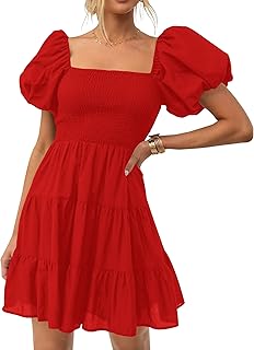 Women's Boho 2025 Summer Square Neck Puff Sleeve Off Shoulder Smocked Tiered Casual A Line Short Mini Dress - Buy now