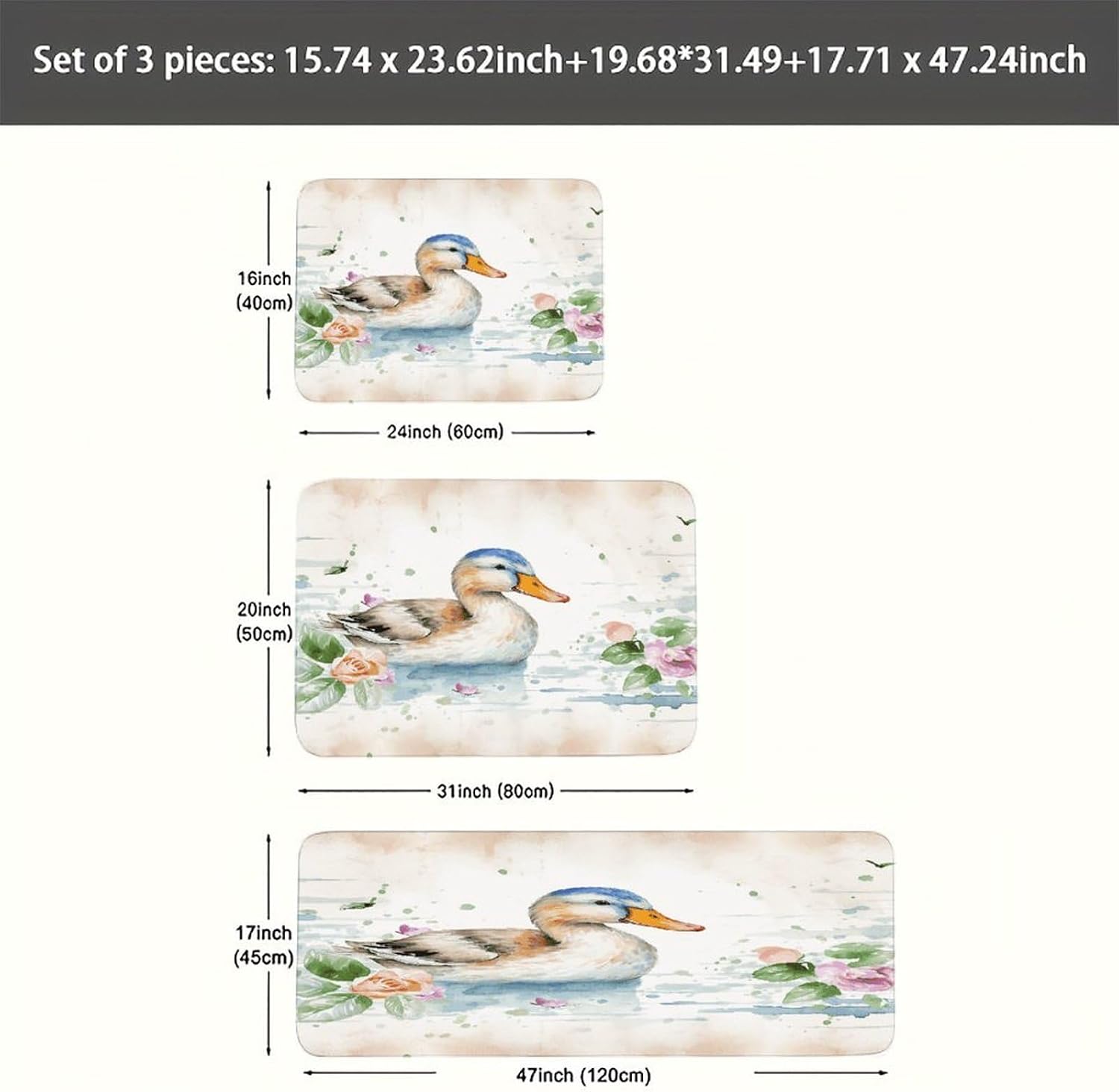 Watercolor Duck Kitchen Mats Soft Absorbent Rugs for Floor Non Slip Washable Kitchen Mats Fashion Rectangular Rugs for Three-Piece Set for Laundry Office Home Sink