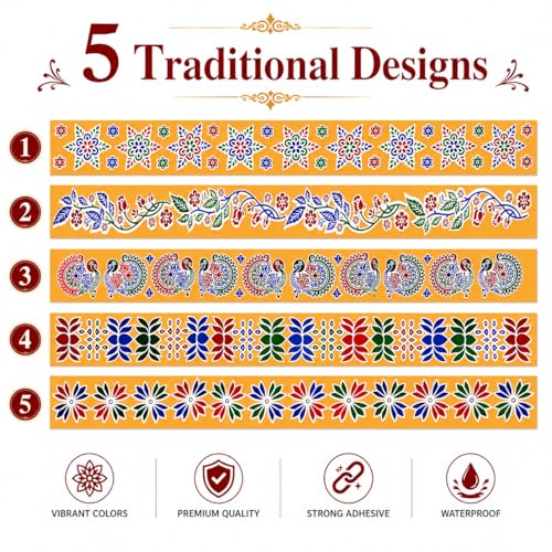 Image of Rangoli Kolam Stickers for Home Entrance & Pooja Room | Vinyl /Self Adhesive, Waterproof, Floor Decoration for Diwali, Navratri & Festivals (Combo Pack of 5) (Color Border CP5)