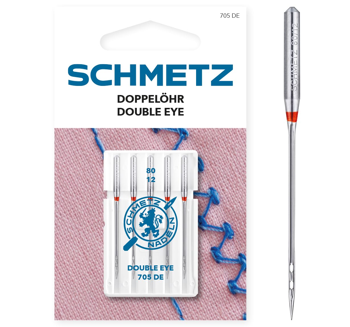 SCHMETZ | 5 Aiguilles pour machines à coudre | Double Chas | 705 DE | Grosseur 80/12 | Convient pour les ourlets décoratifs