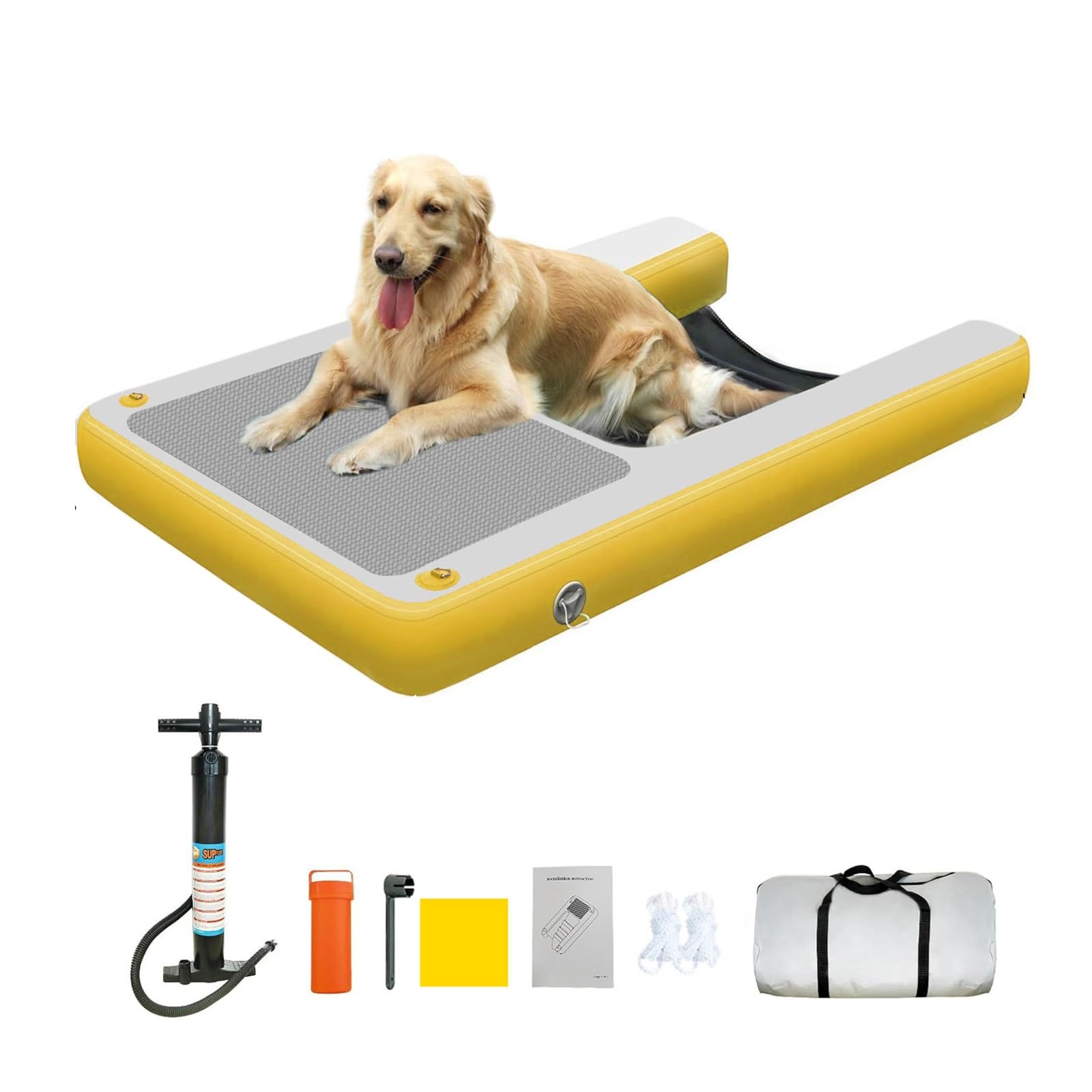 Green Yellow Blue Red Black Dog Inflatable Dock Platform, Non-Slip Dog Floating Ramp/Ladder for Getting Into Boat, Small Large Pet Pool Safety Ramps High Visibility(Yellow)