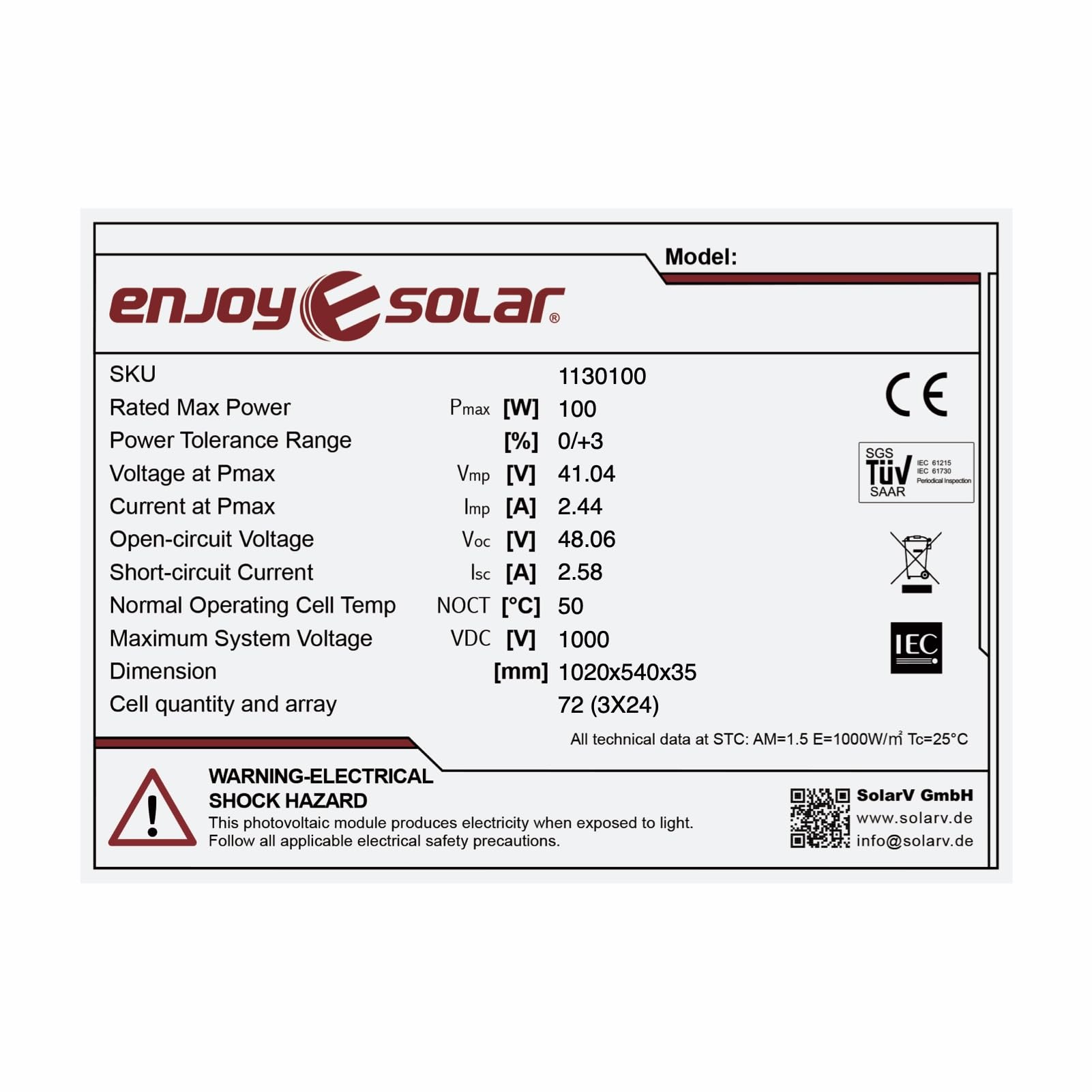 enjoy solar® Panneau solaire monocristallin 100W 36V, Idéal pour les systèmes photovoltaïques autonomes 24V dans les jardins, camping-cars, yacht, bateau et installations hors réseau