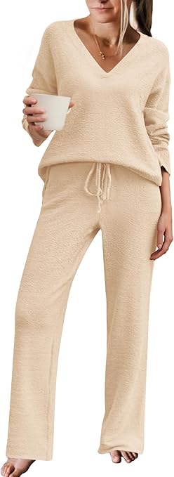 Ekouaer Pajamas for Women 2 Piece Lounge Set Fuzzy Fleece Long Sleeve Pullover Sweater Top Wide Leg Pants Set Outfits S-XXL