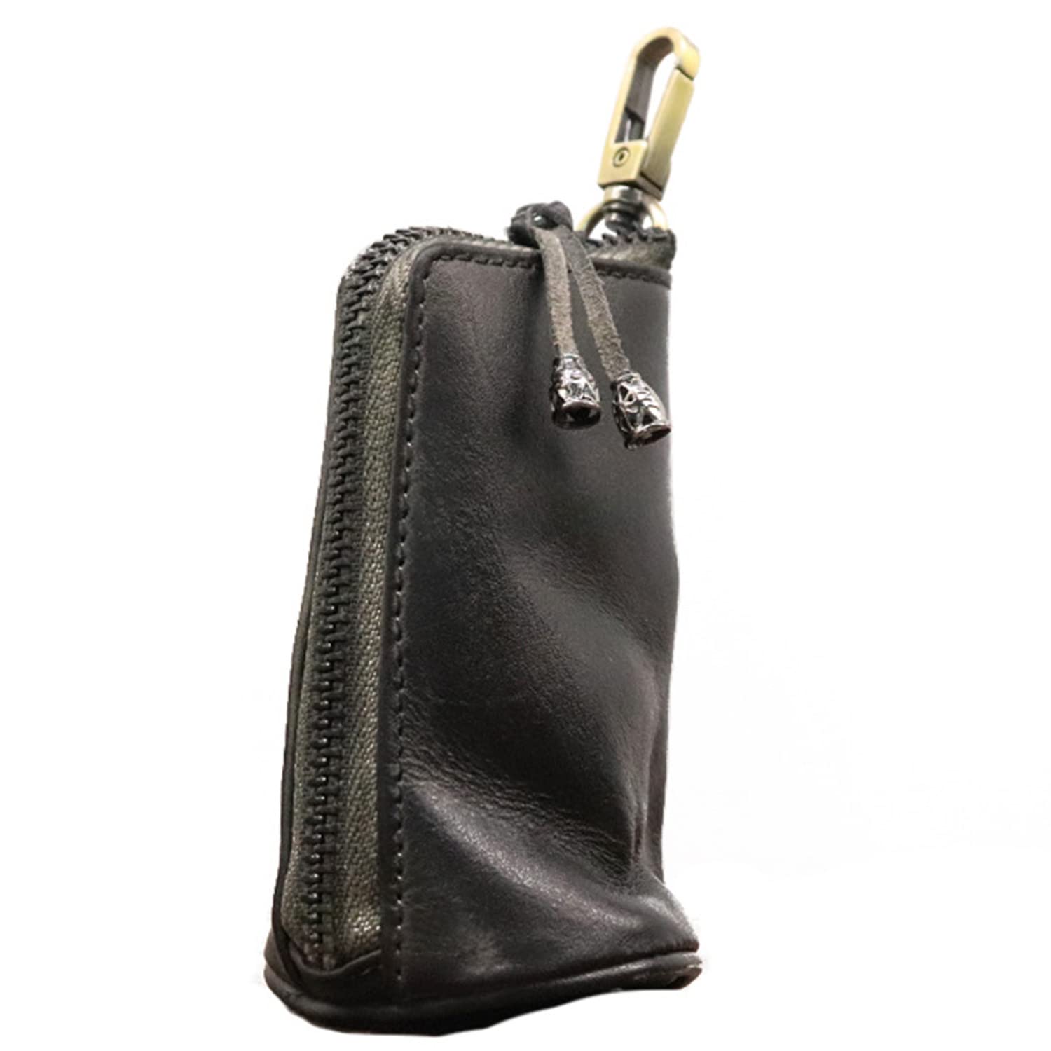 LFWATAXY Medieval Leather Zipper Coin Pouch, Genuine Cowhide Handcrafted Coin Organizer Change Holder Keychain Coin Purse for Men & Women (Black)