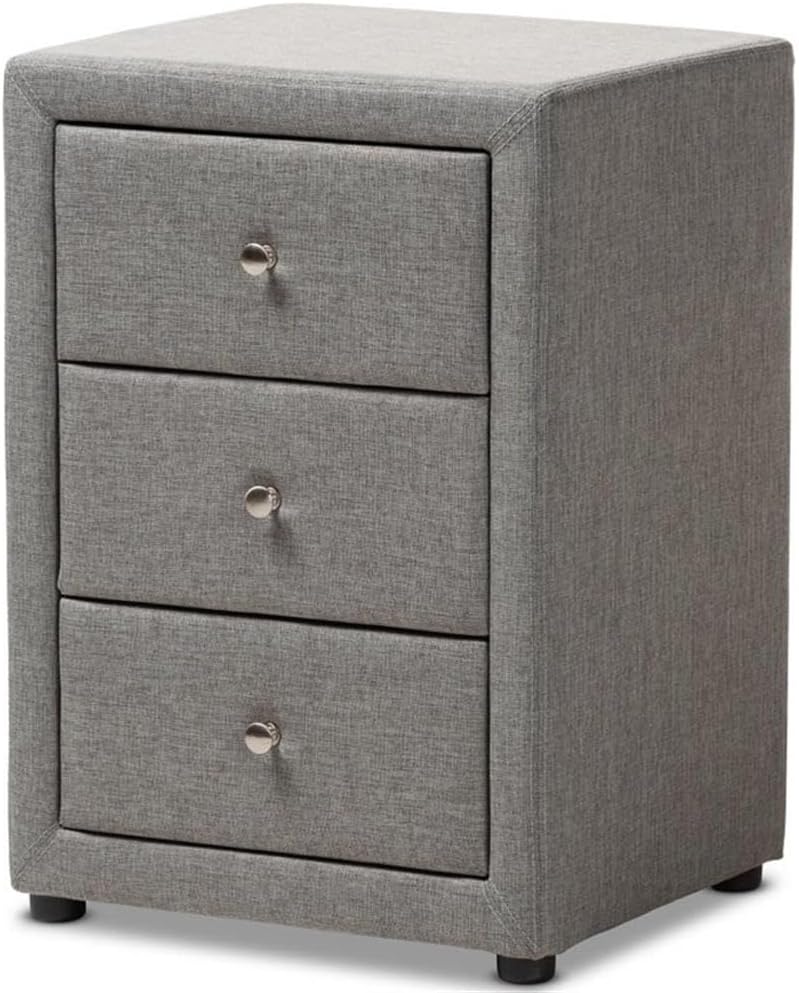 BOWERY HILL 3-Drawer Fabric Upholstered Nightstand, Grey Finish, Foam-Padded Hardwood Frame, Chrome Handles, 26.38" H x 18.5" W x 16.34" D, Modern Style Bedroom or Guest Room Storage
