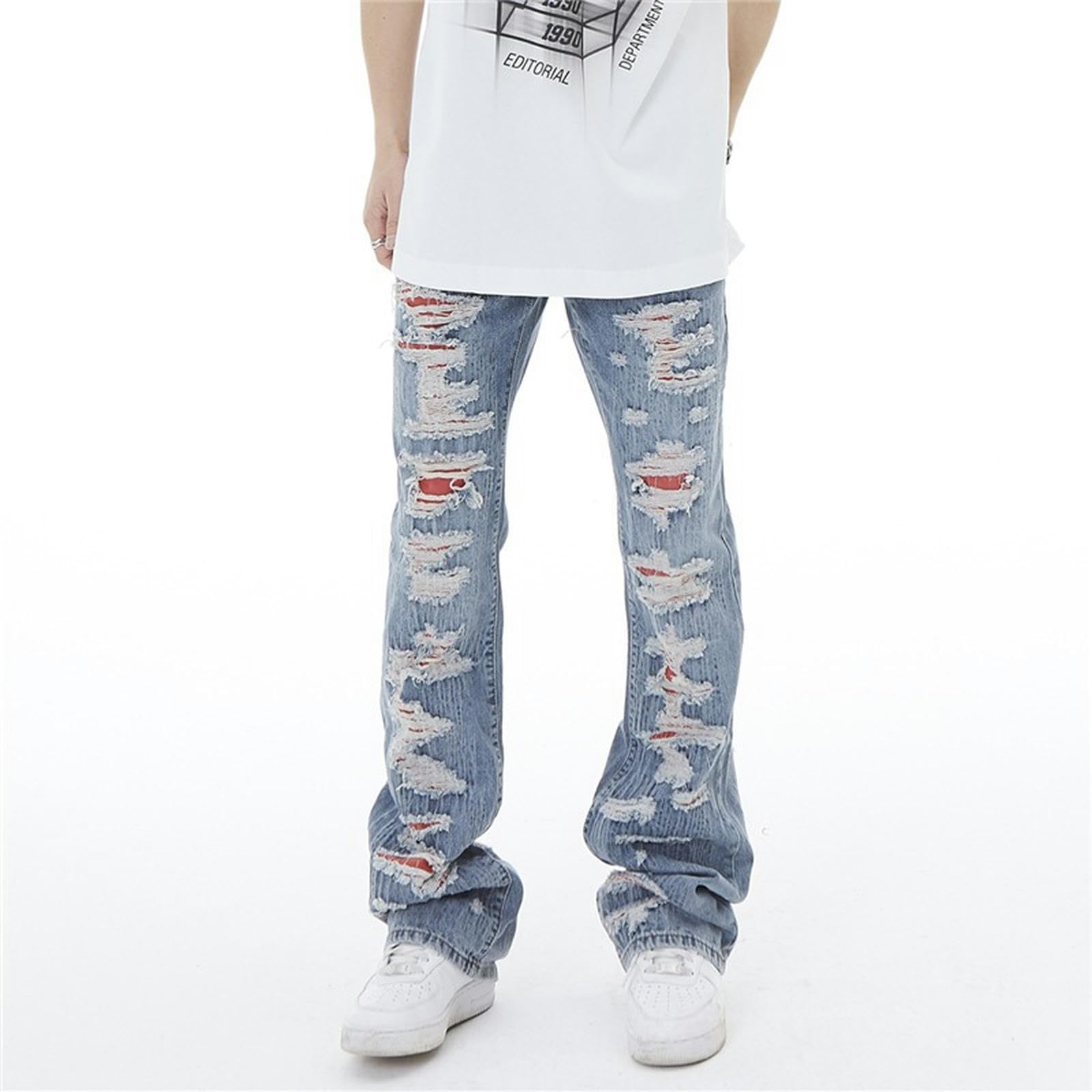 Jeans High Street Fake Hole da Uomo, Pantaloni Svasati con Bordo Grezzo - Blu - 3XL