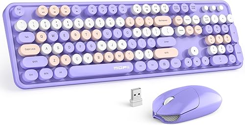 MOFII Combo de teclado y mouse inalámbricos, color morado, colorido, teclado, de tamaño completo, teclas redondas, ratones de teclado USB 2.4G con