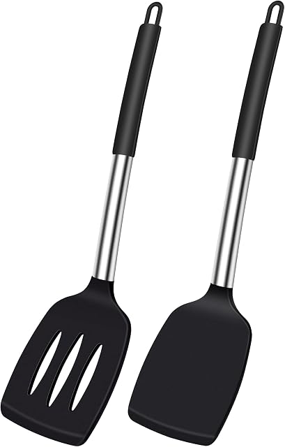 Silicone Spatula Turner, Heat Resistant Slotted Spatula Solid Turner for Cooking, BPA Free Large Black Silicone Spatula Kitchen Utensils for Baking Non Stick Cookware, Dishwasher Safe, 2 Pack