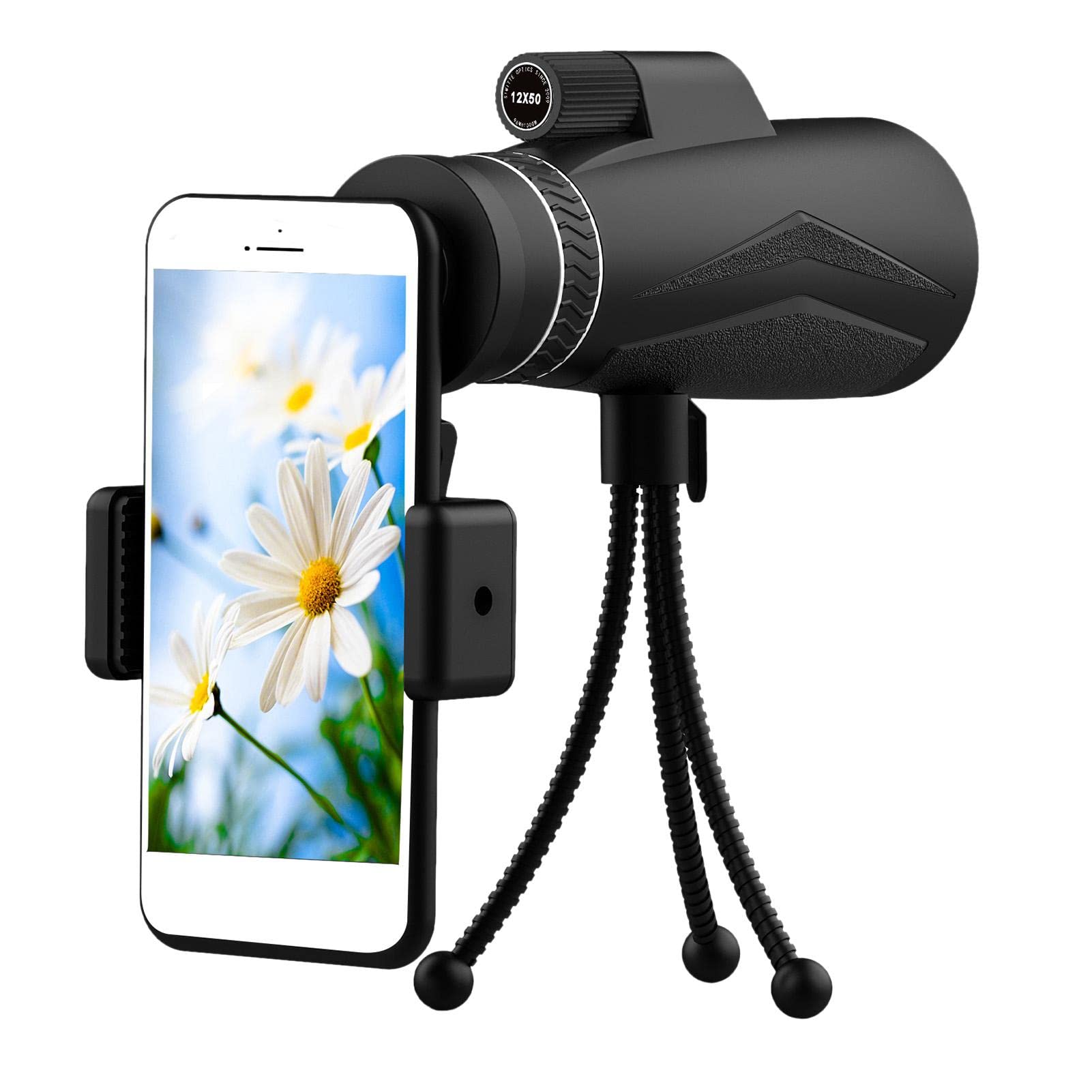 Teleskop monokularowy 12 X 50 HD, Profesjonalny monokular ze statywem do smartfona, Monokular ze statywem i uchwytem telefon do obserwacji ptaków kempingu, w?drówce, koncercie Purble