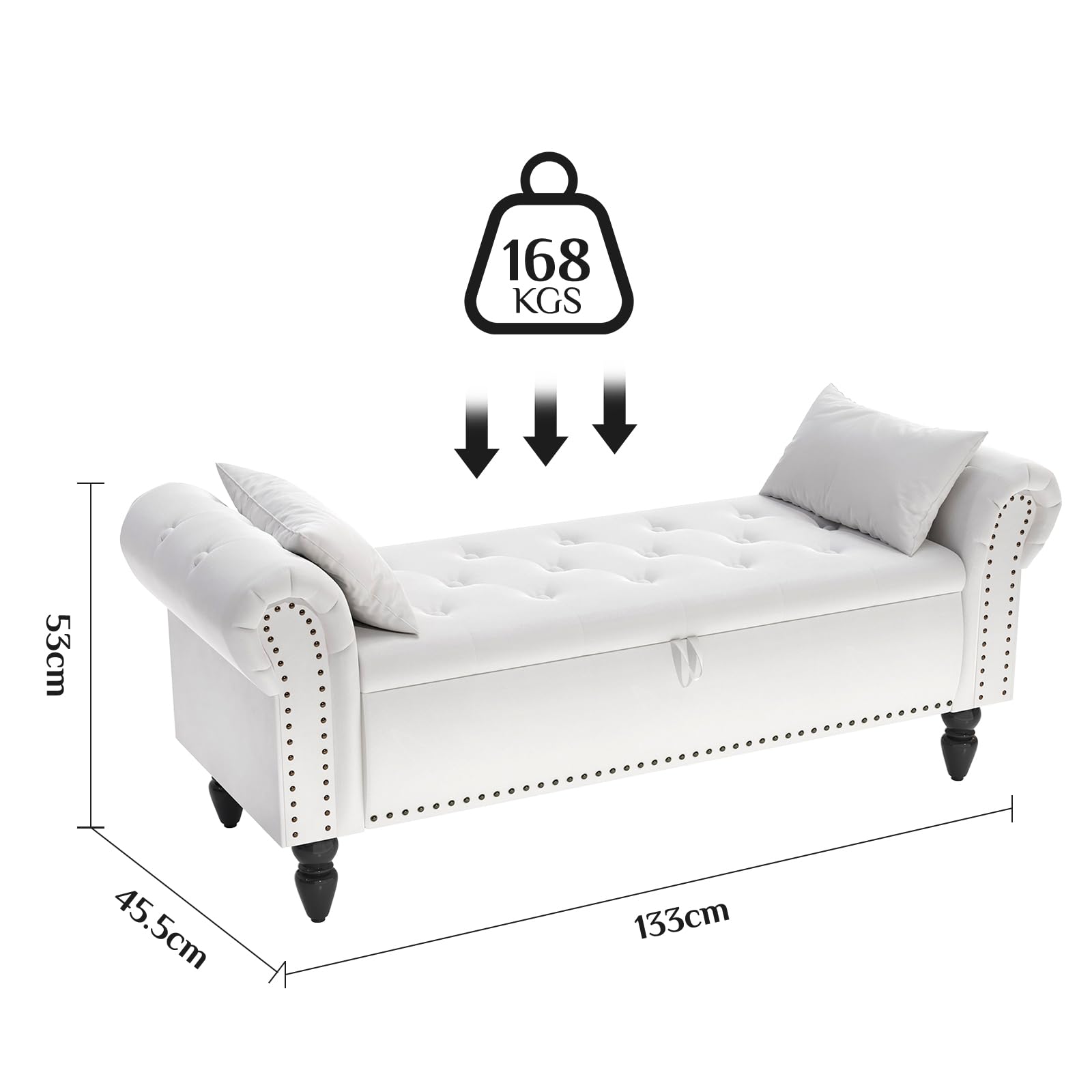 Clevich Cassapanca, Velluto Pouf Contenitore 133cm, con asta a gas Booster, estremità letto con coperchio, Ottomano con gambe in legno, per corridoio, sala da pranzo, camera da letto (Bianco sporco)