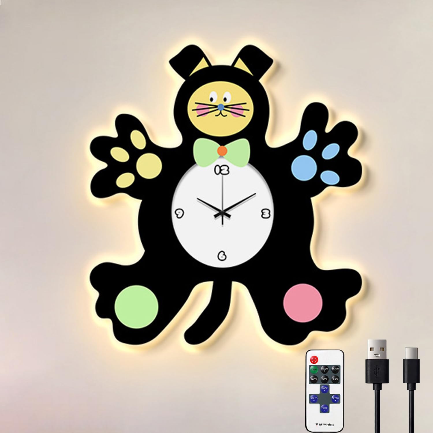 Lámpara de pared con gato, mando a distancia y reloj Aplique LED para habitación infantil Animal con cable USB Lámpara decorativa de noche-pared 3 temperaturas de color para habitación de bebé,A
