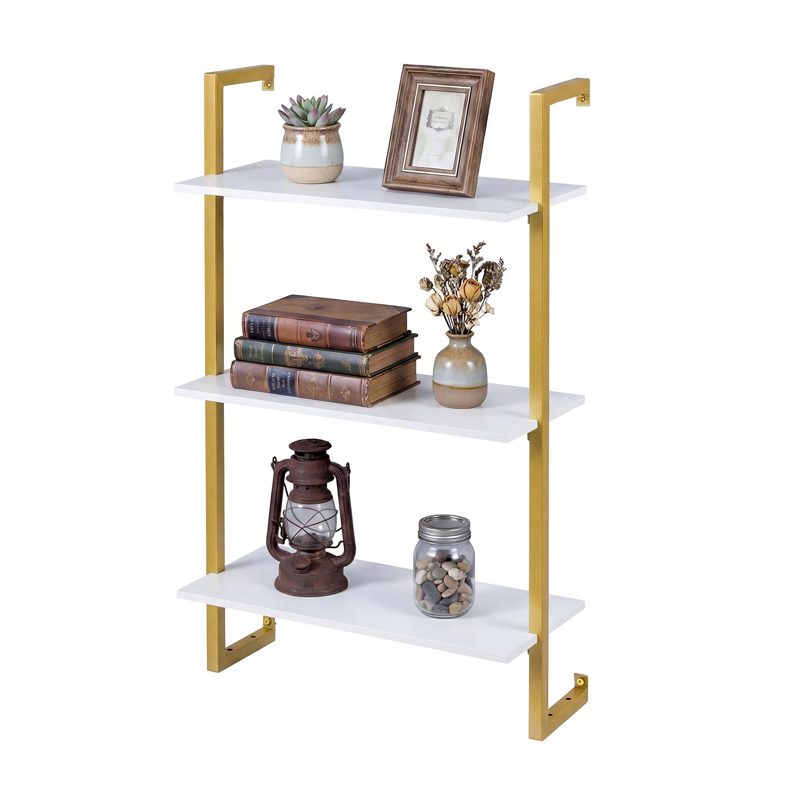 COSTWAY 3 stufiges Wandregal, Küchenregal mit Metallrahmen Lagerregal, schwebendes Bücherregal, Holzregal Schweberegal Hängeregal für Wohnzimmer, Büro & Küche, 53 x 23 x 90 cm (Weiß)