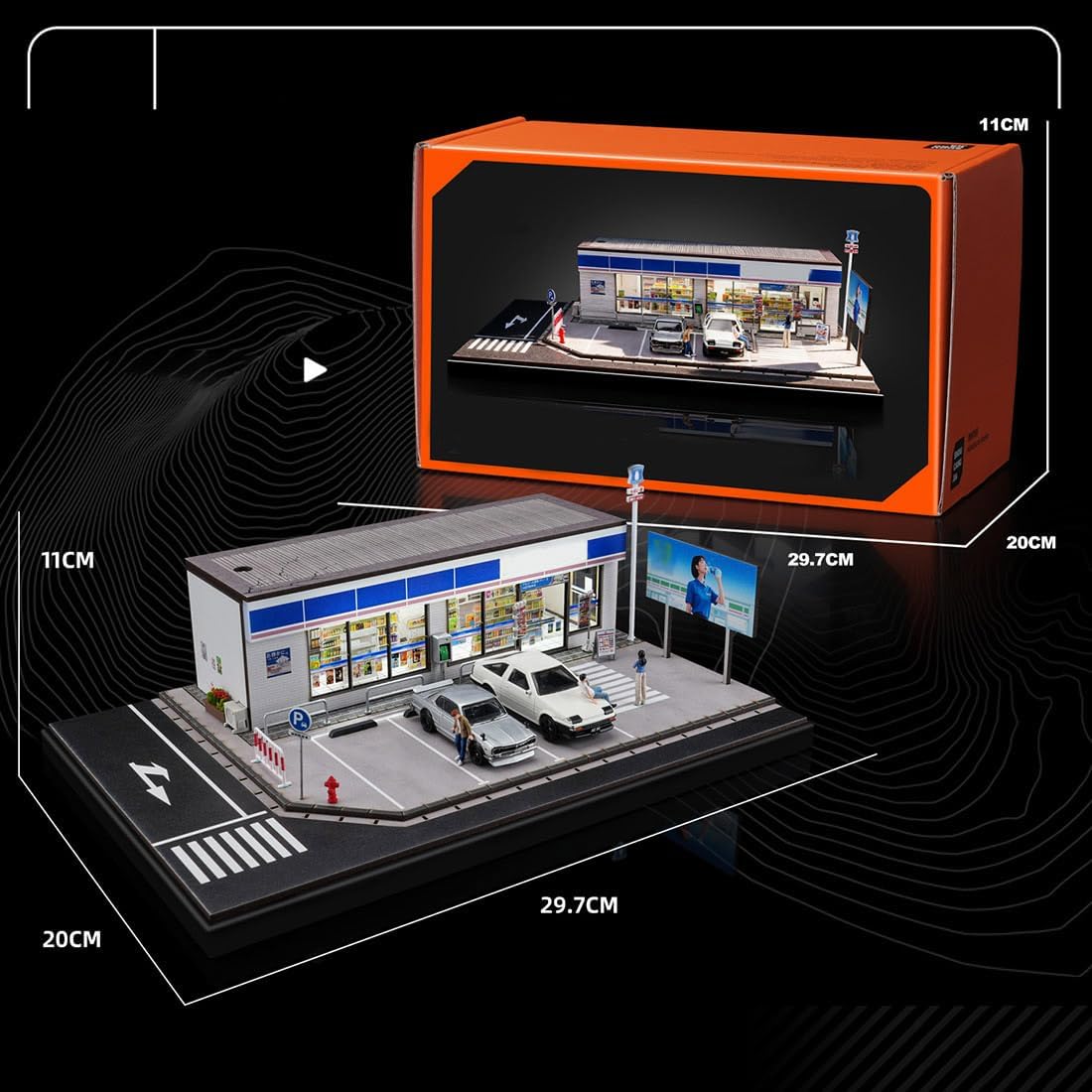 1/64 Scale Convenience Store Diorama, Miniature Diorama Accessories Building Set with 3 Figures, Collectible Model Set for Home Office (Car Models Not Included)