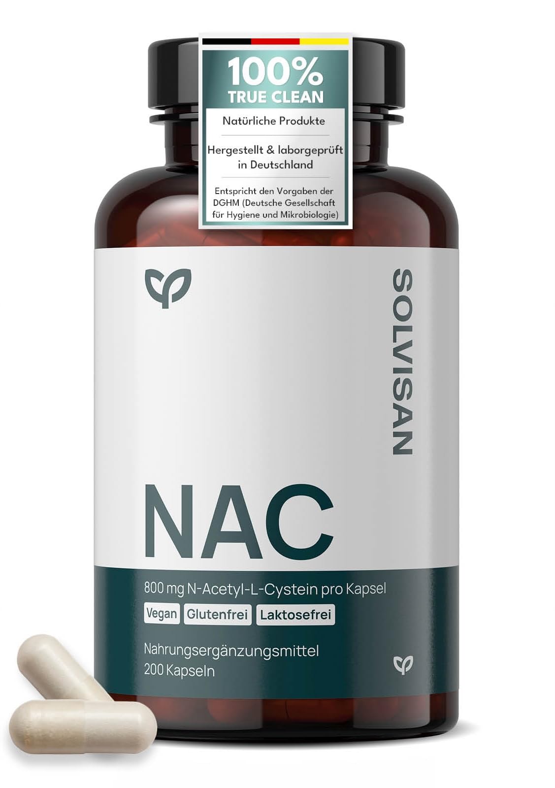 SOLVISAN - NAC 800 mg N-Acetyl-L-Cystein Kapseln - 200 Kapseln - In Deutschland produziert - Vegan, Laborgeprüft und ohne Zusatzstoffe