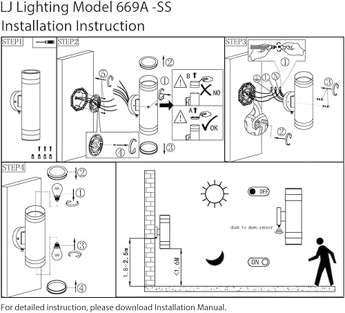 Miniatura 4 de LJ Lámpara de pared cilíndrica de acero inoxidable para exteriores con vidrio esmerilado, certificación ETL, 669A