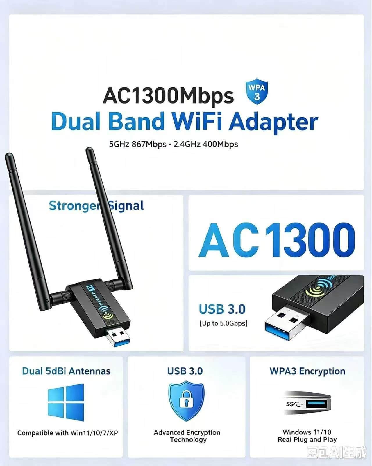Adaptateur WiFi USB sans fil pour PC : 1300 Mbps 5G/2.4G double antenne 5dBi à gain élevé adaptateur WiFi pour PC de bureau, dongle réseau sans fil pour Windows 11/10/7