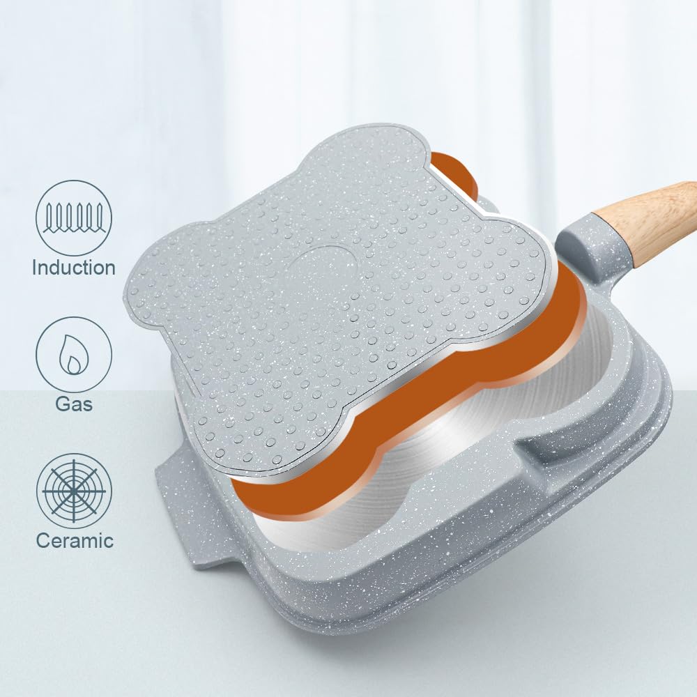 RANX INGST Sartén Tortilla de 3 Agujeros con Tapa, Revestimiento Cerámico Antiadherente, 26 cm Sartén de Desayuno 3 en 1 con Mango Extraíble para Huevos Fritos,Mini Crepes - Azul