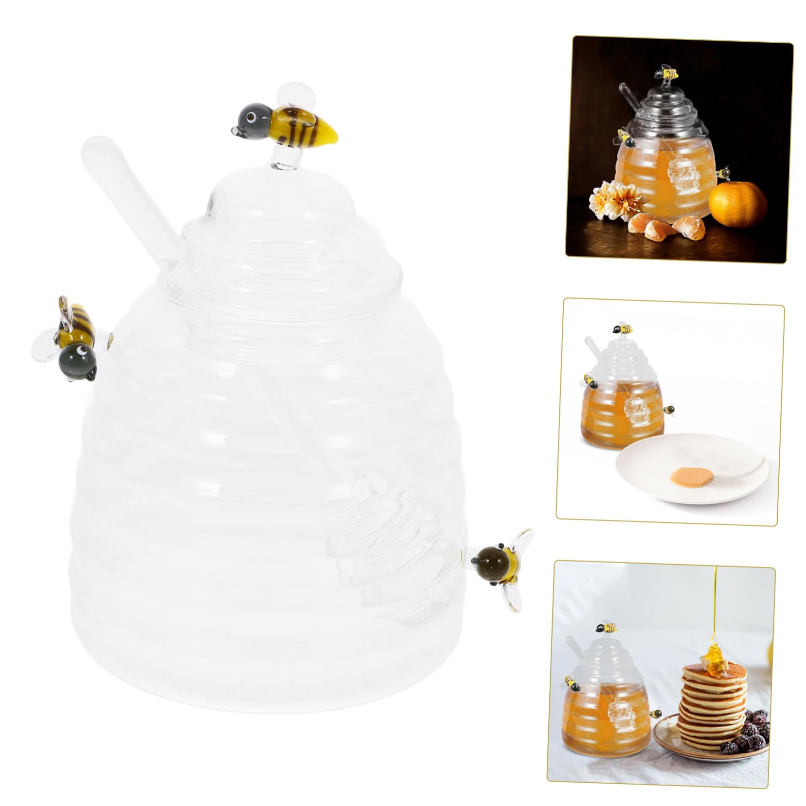 OFFSCH 1Set with Dipper of High Borosilicate Glass Honey Pot Container Transparent Honey Dispenser for Syrup for Honey Lovers