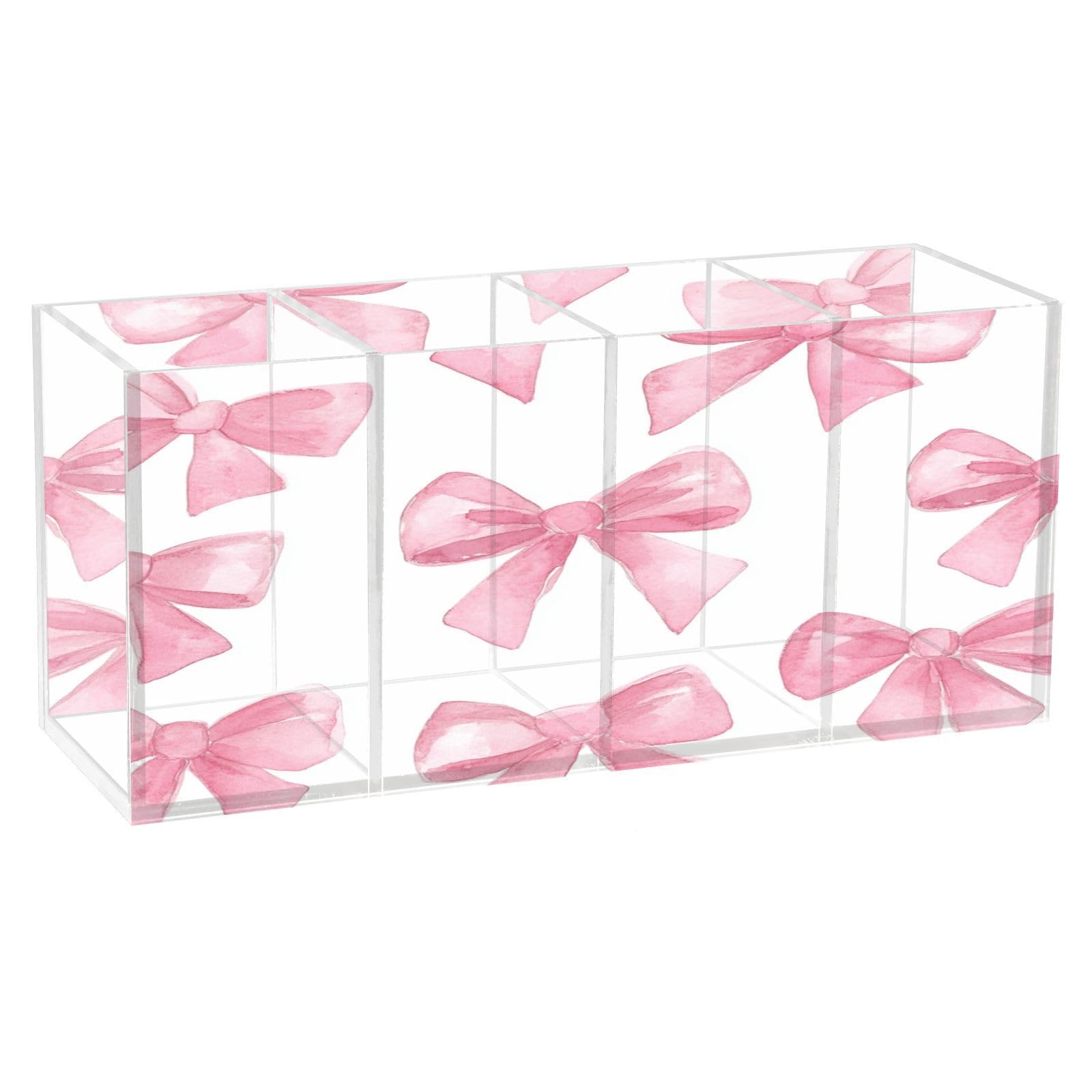 Ewusp Pink Bow Pen Holder 4 Compartments Acrylic Pencil Holder Desk Organiser Makeup Office School Supplies Storage Accessories