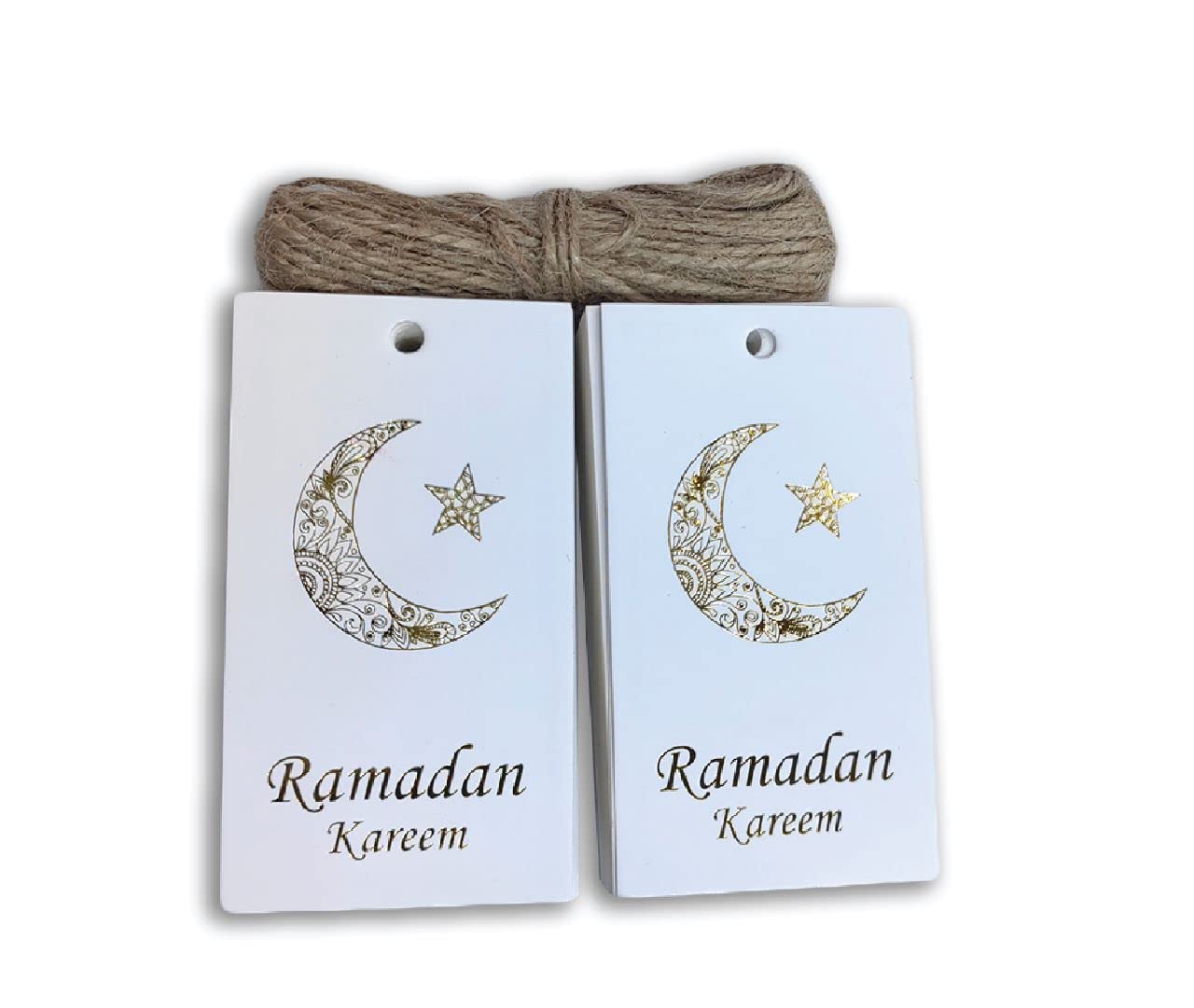 Red Dot Gift Ramadan Kareem Tags,100 PCS Gold Foil Paper Tags with 10m Natural Jute Twine for Art Craft (White (English))