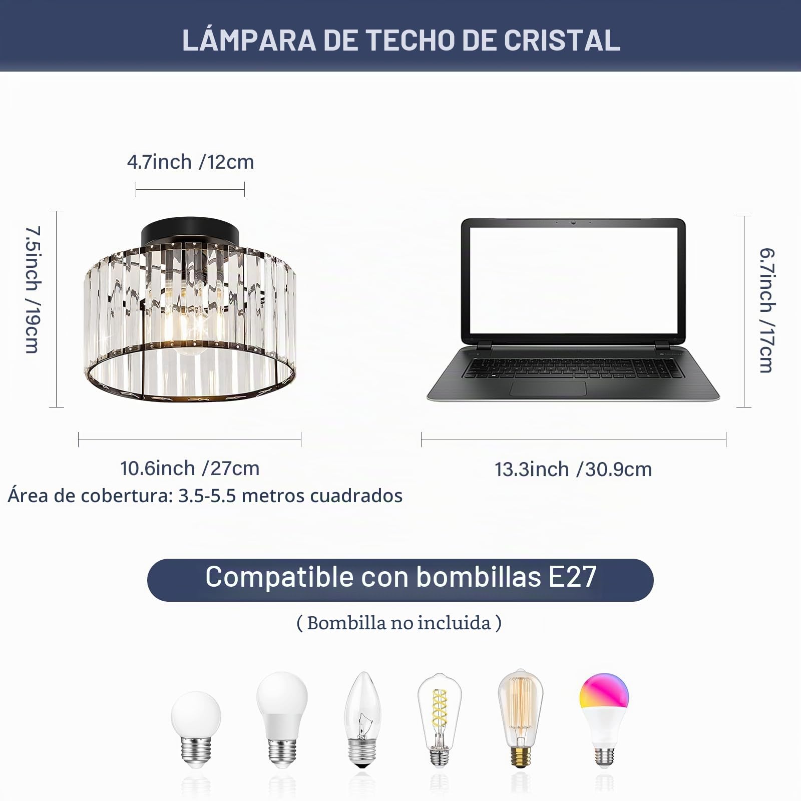 Qamra Kristall Deckenleucht - Lámpara de techo, color negro, cristal, 27 cm, moderno y redondo, para pasillo, entrada, salón, dormitorio, cocina（Bombillas no incluidas）