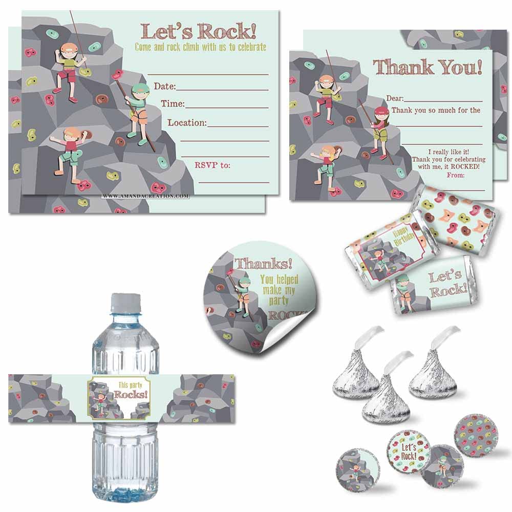 Fiesta de cumpleaños de escalada de roca con 20 invitaciones y calcomanías variadas 6