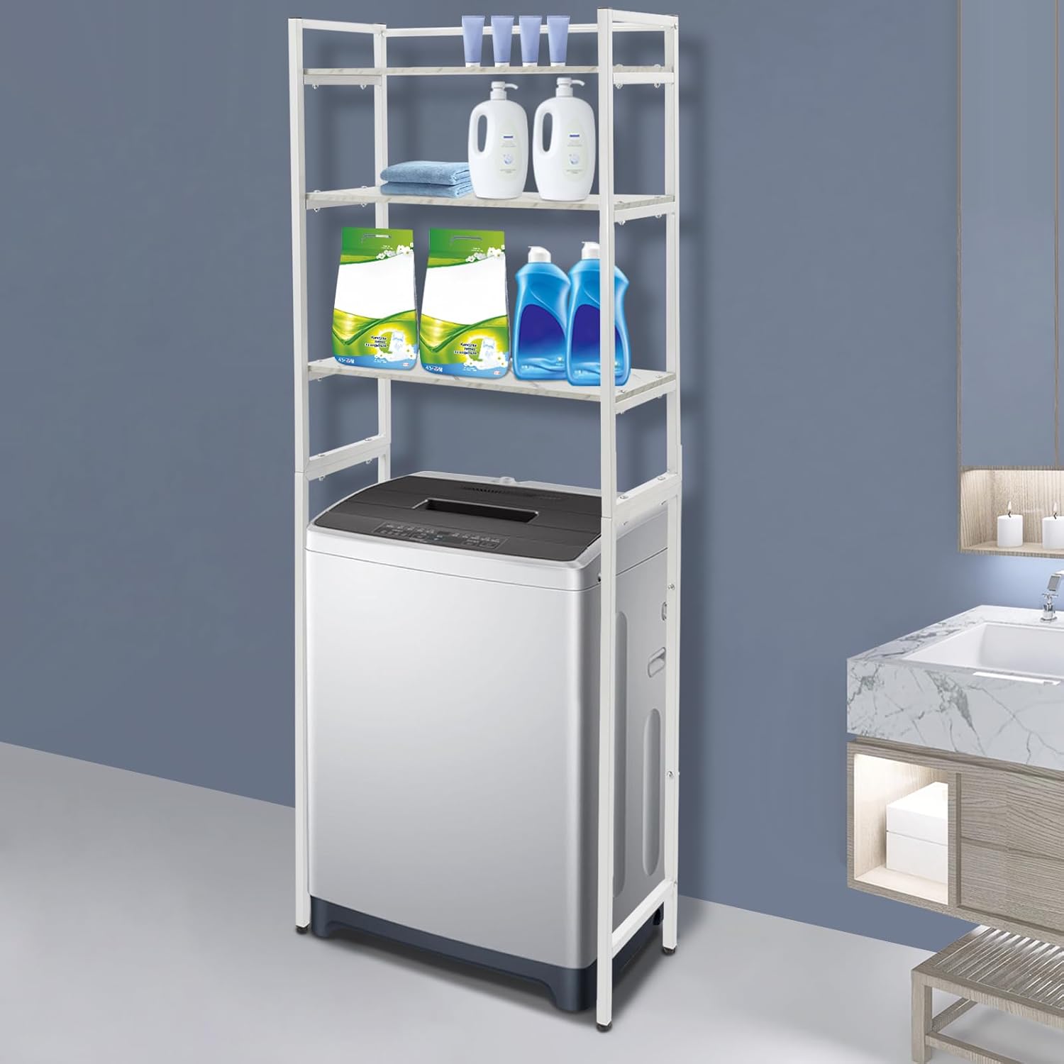 Over Washer and Dryer Storage Shelves, 3-Tier Freestanding Washing Machine Storage Rack with Adjustable Shelf for Laundry Room Bathroom Garage, W27.2*D11.8*H71.3in (White)