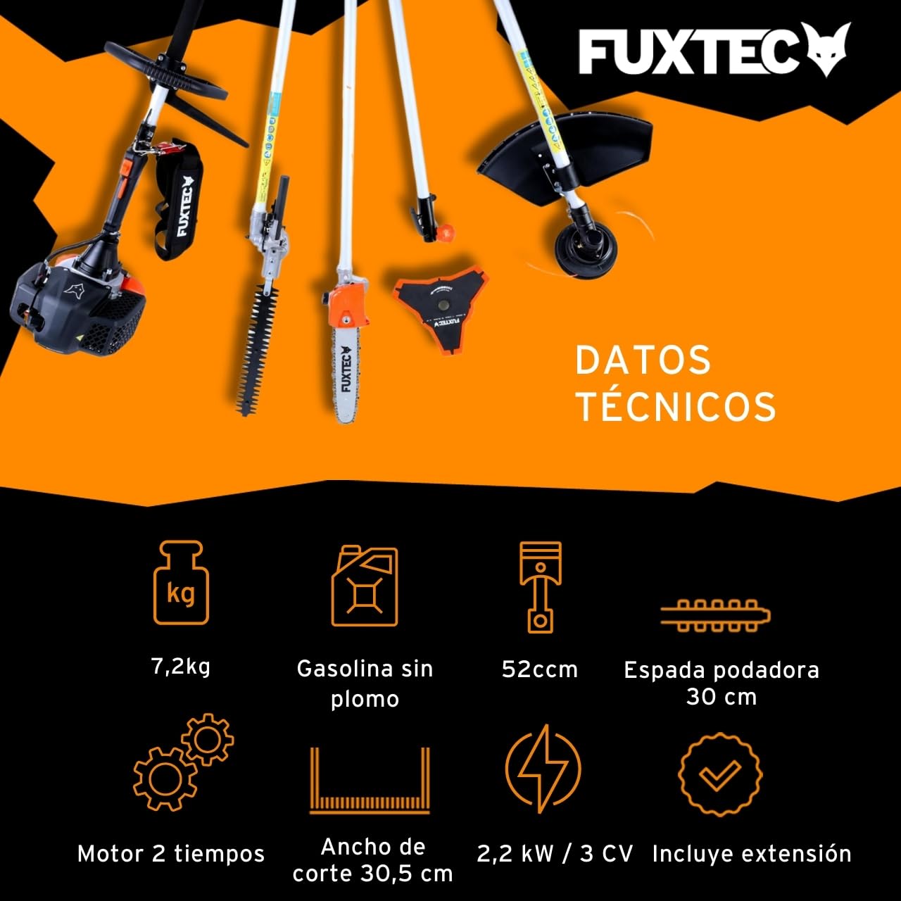 FUXTEC FX-MT152E Multiherramienta 5en1 a Gasolina – Desbrozadora, Cortasetos, Motosierra Inclinada, Cortabordes y Extensión 1 m – Motor 2 Tiempos 52cc para Jardinería