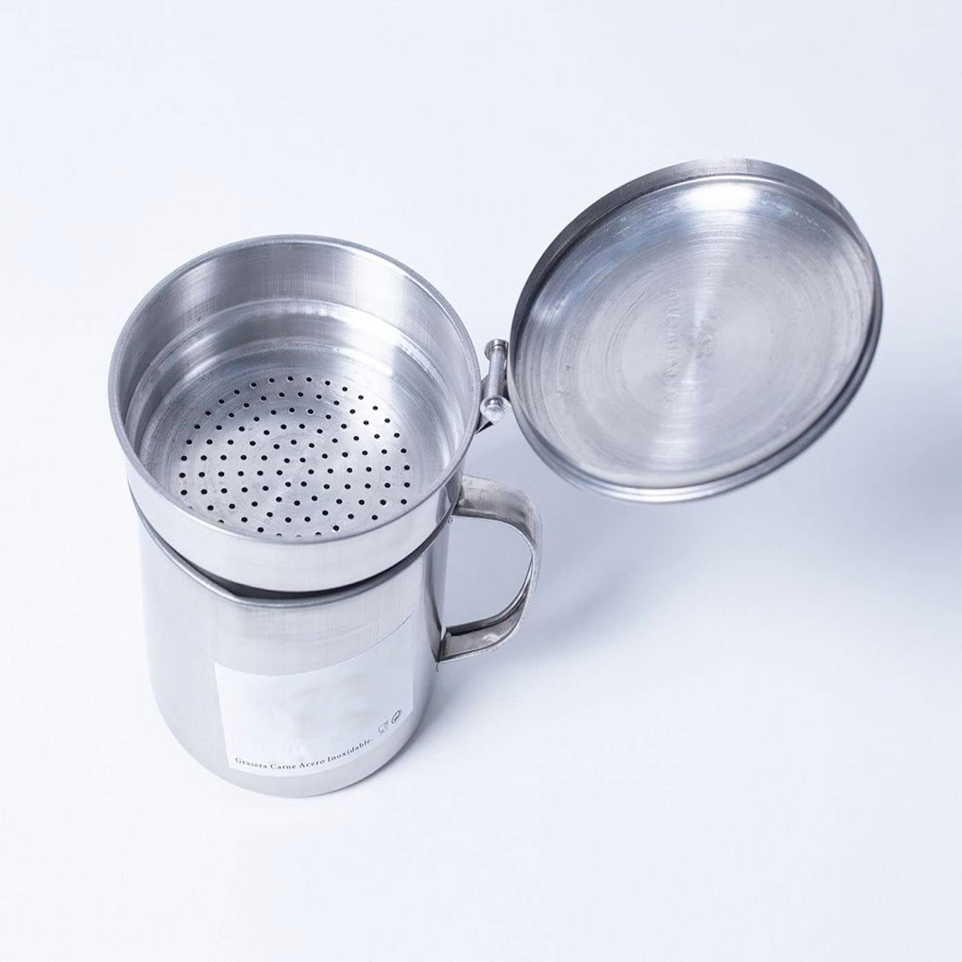 Tradineur Grassera in metallo per carne 9,2 cm di diametro e 10,7 cm di altezza, con filtro, maniglia e coperchio. Oliera con colino per la conservazione dell'olio in acciaio inox. Contenitore olio
